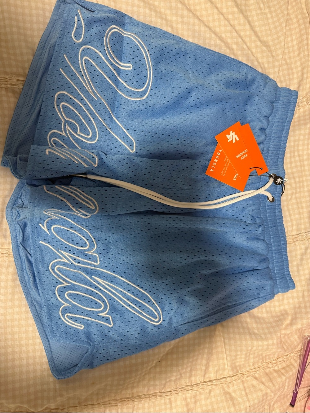 YoungLA Light Blue Mesh Athletic Shorts with White Drawstring